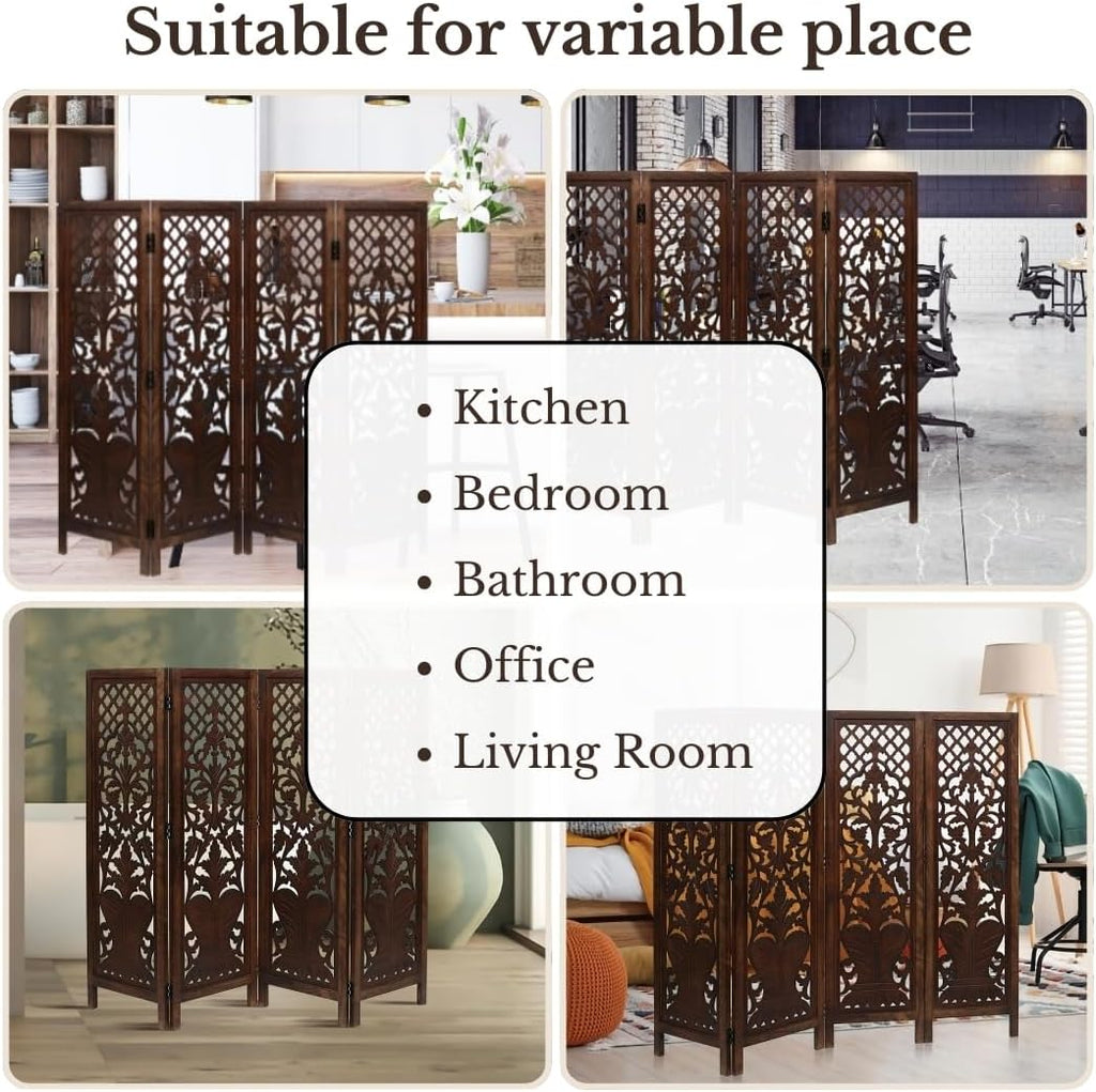 Room Divider Wood Screen Panel – Burnt Brown, 4-Panel Folding 64"x54", Hand-Carved, Reversible Privacy Partition, Decorative & Functional Portable Room Divider for Home or Office