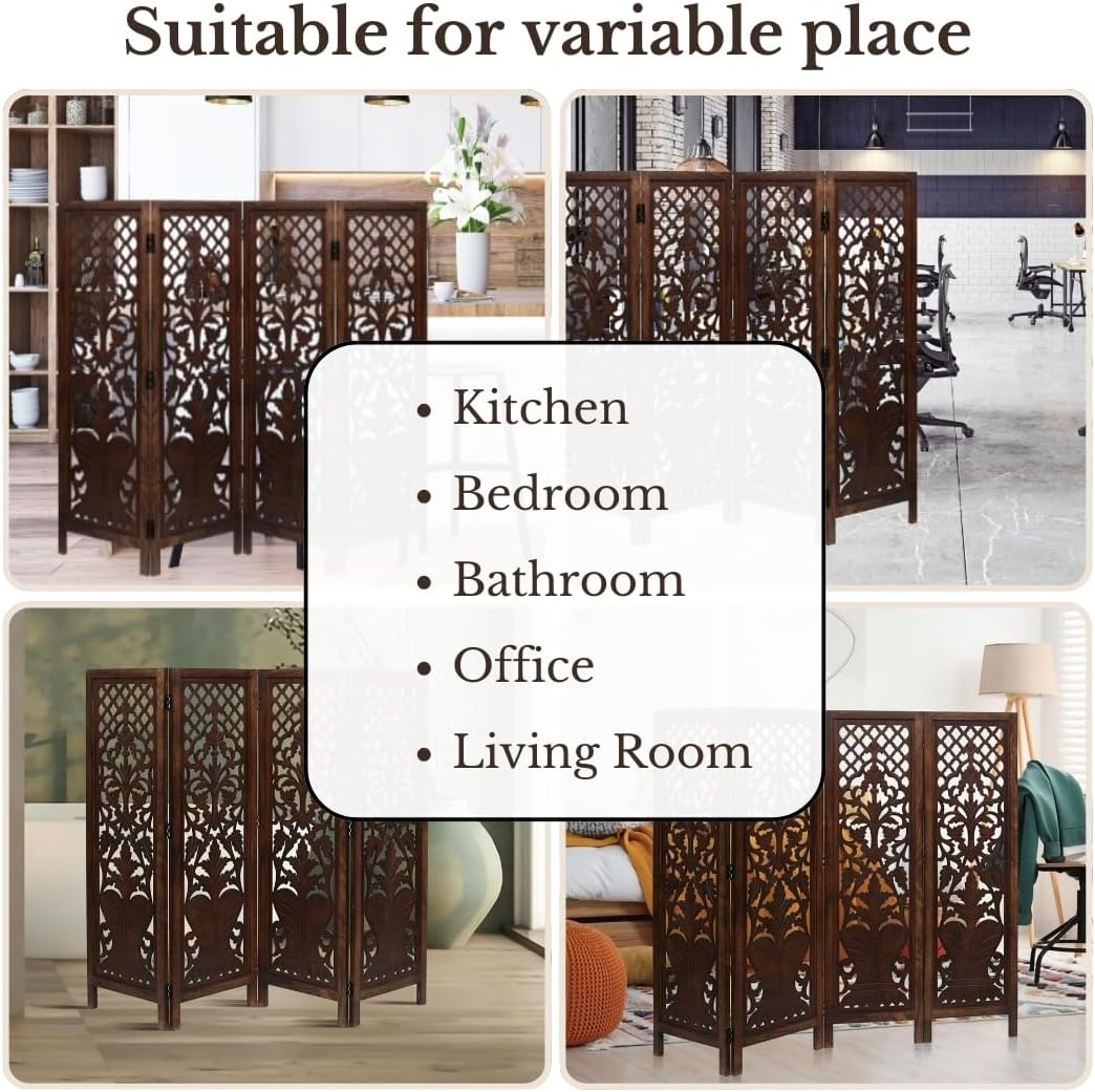 Room Divider Wood Screen Panel – Burnt Brown, 4-Panel Folding 64"x54", Hand-Carved, Reversible Privacy Partition, Decorative & Functional Portable Room Divider for Home or Office