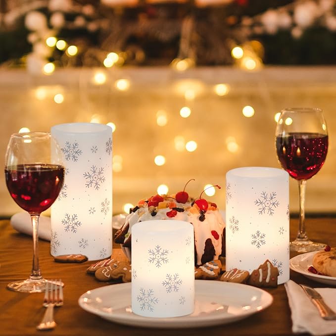KunSween Christmas Flameless Candles with Timer, 3 Pack LED Pillar Candles with Silver Snowflake Decals and Real Wax, Christmas Winter Decorations for Home Indoor Table Centerpieces