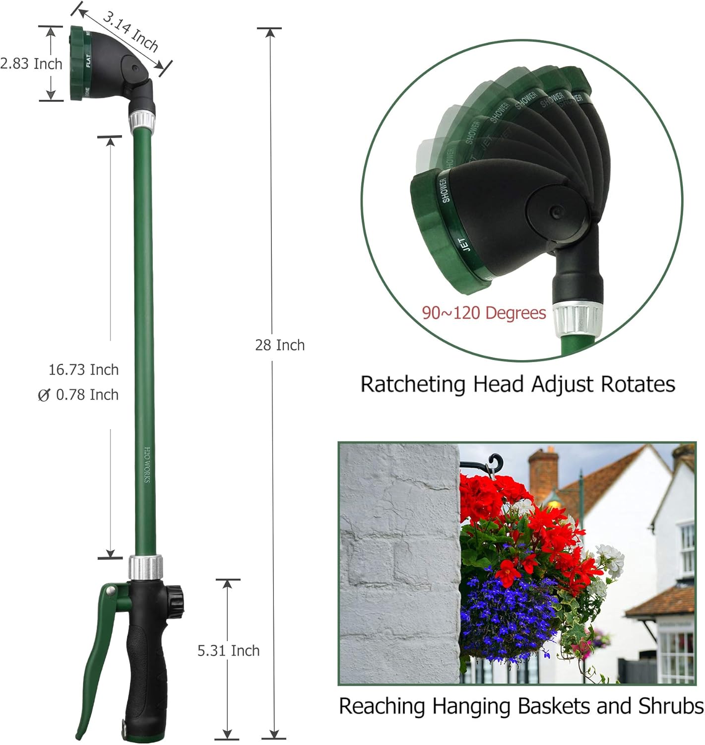 Heavy Duty 28 Inch Watering Wand with Pivoting Head, Adjustable Garden Hose Water Sprayer Wand with Ergonomic Handle, Spray 6 Watering Patterns, Perfect for Watering Seedling Beds, Flowers