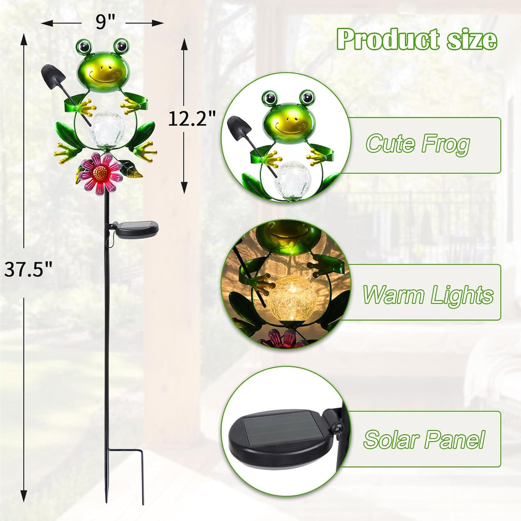 Afirst Solar Lights Outdoor Decorative Metal Frog Crackle Glass Globe Warm White LED Metal Waterproof Garden Stake Lights for Walkway Pathway Lawn Patio Yard Decorations
