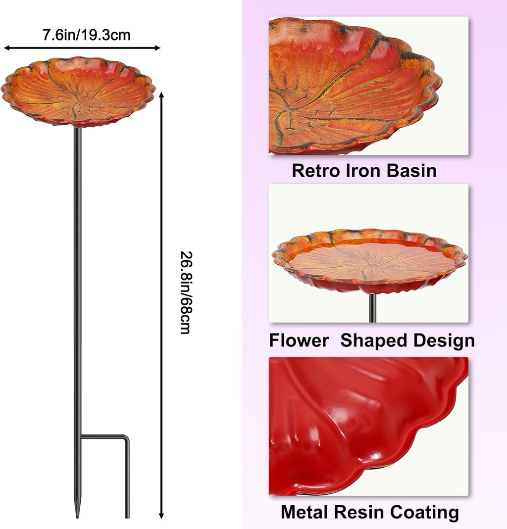 2PCS Hummingbird Bird Bath for Outside, Freestanding Metal Flower BirdBaths Bowl with Stake, Detachable Birdfeeder for Outdoor Yard Lawn Garden Decor (2PCS-Purple-Orange)