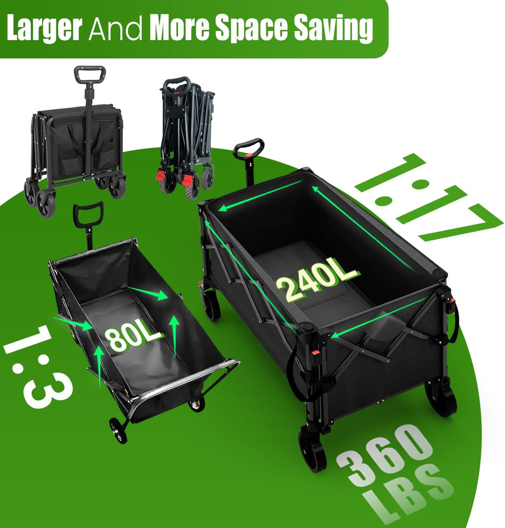 Extra Large Foldable Wagons Extended, 250L Collapsible Wagon with Tailgate, 49”L Folding Wagons with Brakes, Grocery Wagon, Utility Cart for Sports, Shopping, and Camping, Black