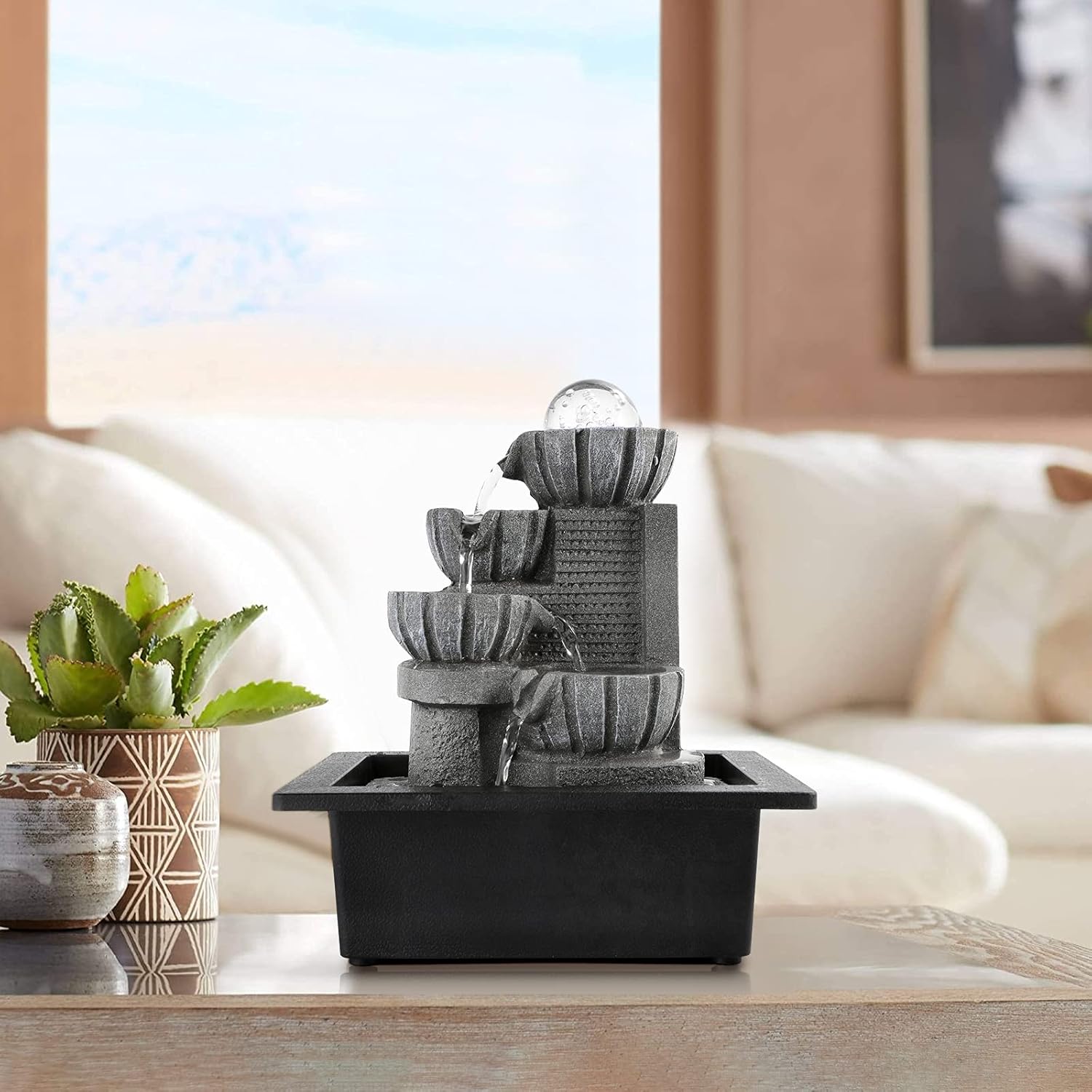 Dyna-Living Water Fountains Indoor Tabletop Water Fountain with LED Rolling Ball Feng Shui Waterfall Fountain for Modern Home Decor Office Living Room Decoration