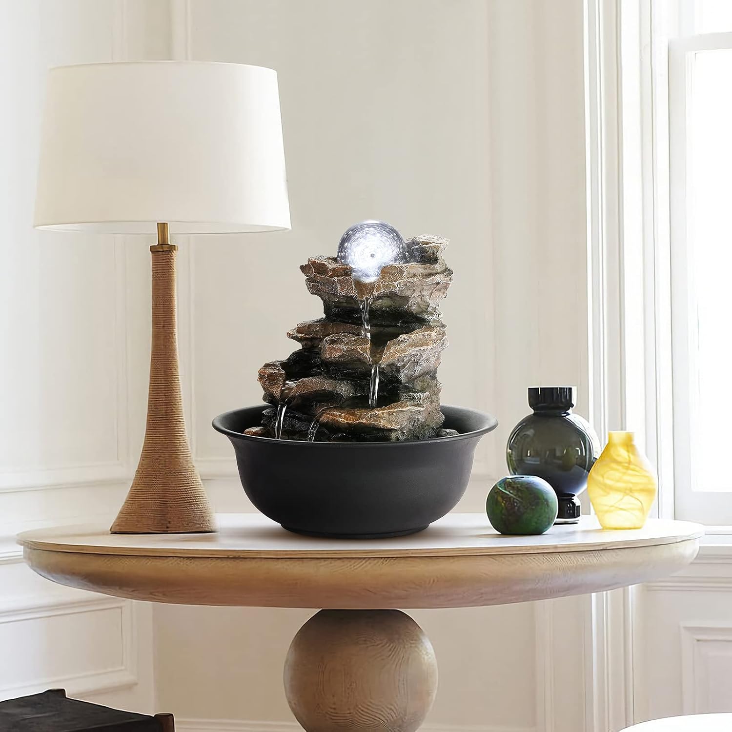 WICHEMI Indoor Fountains Tabletop Fountain Waterfall Fountain Indoor Water Feature Stacked Rocks Feng Shui Zen Meditation Relaxation Desktop Fountain with LED Light for Home and Office Decor(Style 5)