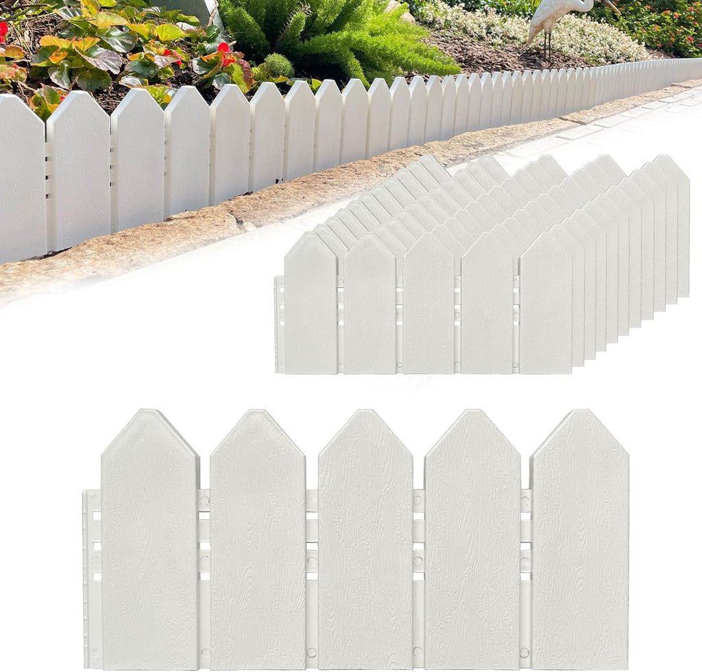 Landscape Edging Kit 6.7 in Tall Decorative Double-Sided Wood-Look Fence Garden Border, Flower Bed Edging with 30 Anchoring Spikes, 13.9 Foot Kit (White)