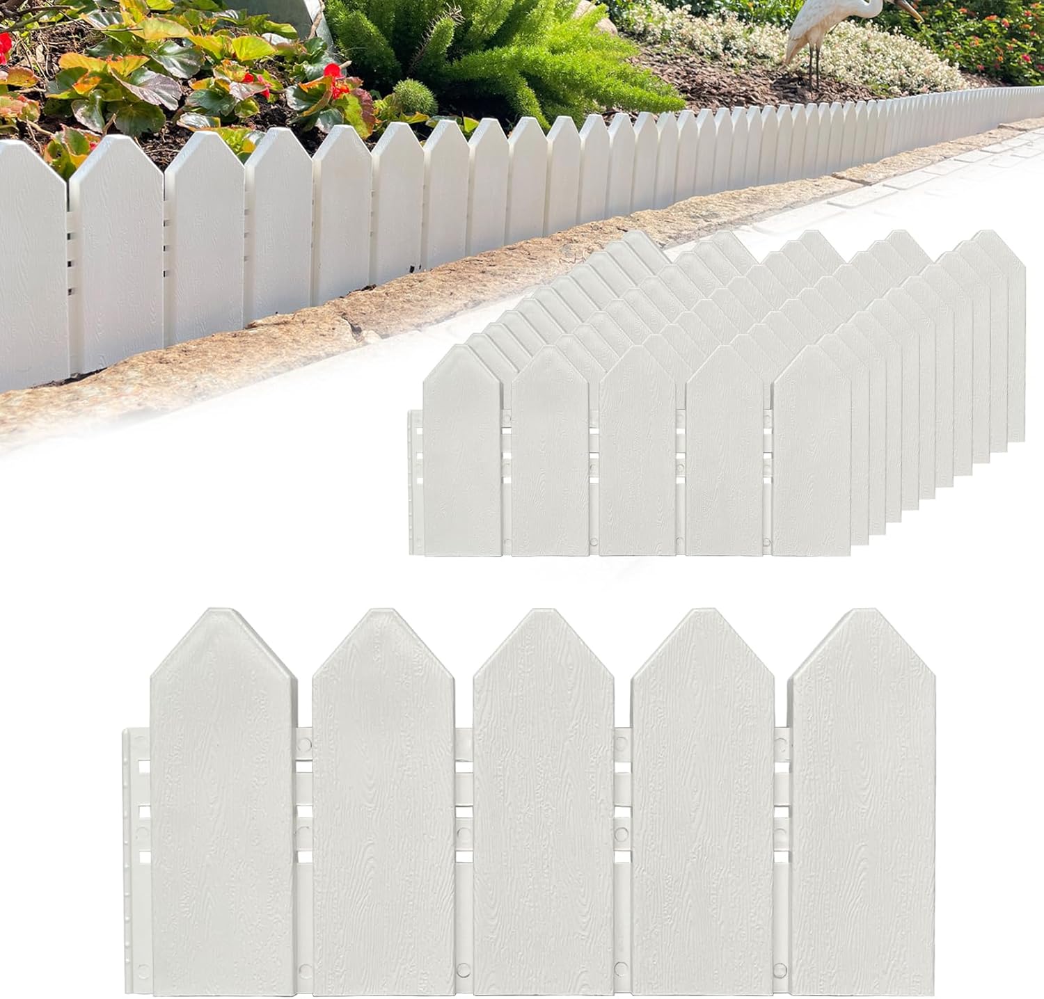 Landscape Edging Kit 6.7 in Tall Decorative Double-Sided Wood-Look Fence Garden Border, Flower Bed Edging with 30 Anchoring Spikes, 13.9 Foot Kit (White)