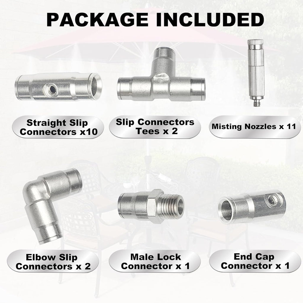 Brass Patio Misting Kit – 11pcs Brass Micro-Nozzles & 16pcs 3/8″ Slip Connectors for Outdoor Cooling (UNC 10/24, 0.012″ Precision Orifice, 15-280 psi)