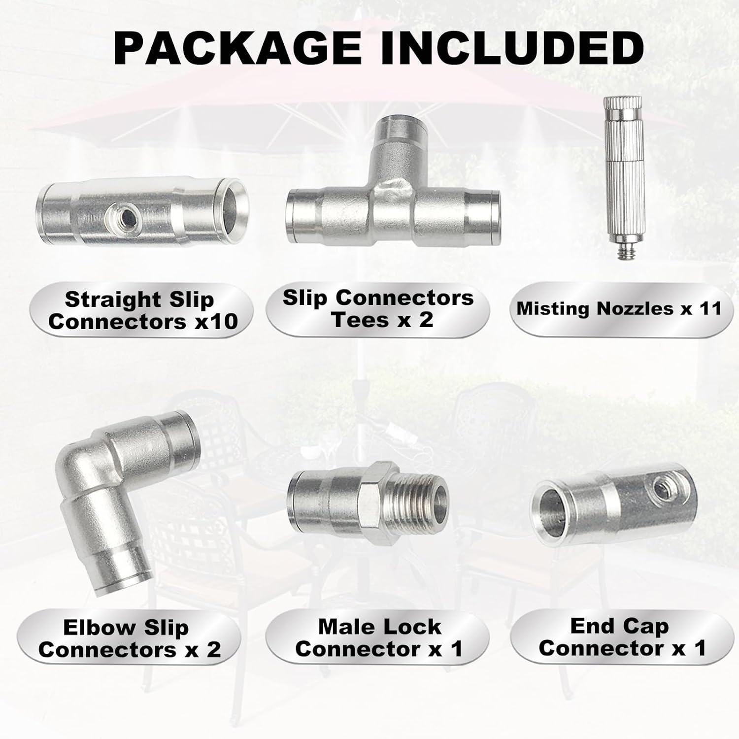 Brass Patio Misting Kit – 11pcs Brass Micro-Nozzles & 16pcs 3/8″ Slip Connectors for Outdoor Cooling (UNC 10/24, 0.012″ Precision Orifice, 15-280 psi)