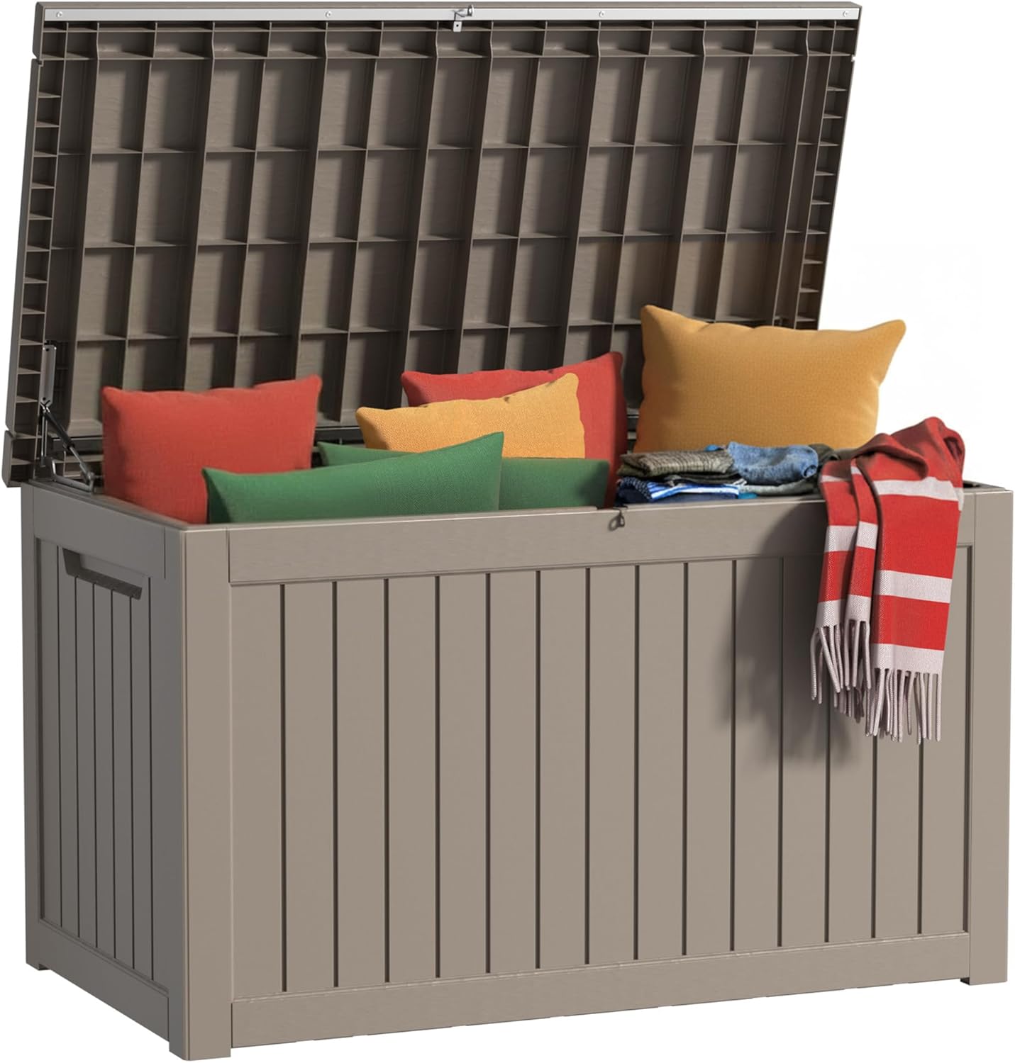 230 Gallon Outdoor Storage Box Waterproof, UV Resistant Resin Deck Box with Hydraulic Rod, Reinforced Stability for Patio, Garden, Striped Gray