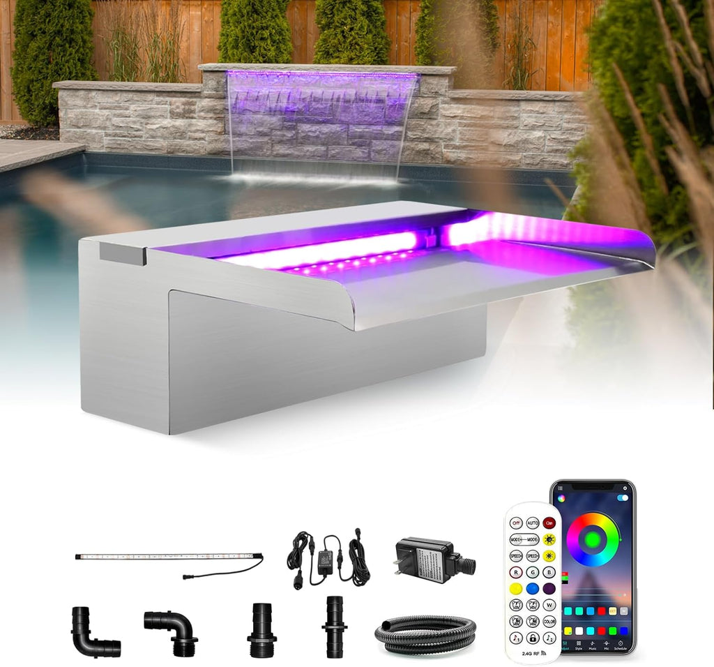 LONGRUN Stainless Steel Waterfall Spillway, APP Control Multi-Color LED Light Outdoor Pool Fountain, Water Spillway Koi Pond Waterfalls Fountains Kit for Garden Patio Swimming Pool Decoration-11.8"