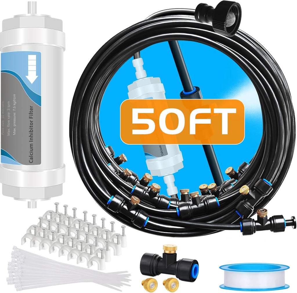Misting System with Water Filter - Upgraded Signice 50 Ft (15.3M) Line & 12 Brass Mist Nozzles Outdoor Misters for Patio Cooling Mister Systems Kit for Outside Garden Backyard Greenhouse (Black)