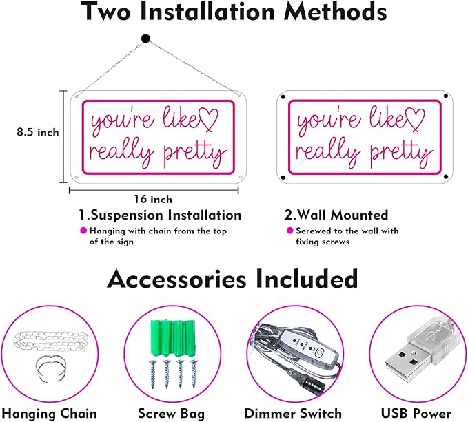 You're Like Really Pretty Neon Sign for Wall Decor, Dimmable LED Neon Lights for Bedroom, USB Powered Light Up Signs for Home Birthday Party Wedding Beauty Salon Decoration Pink LED Neon Signs