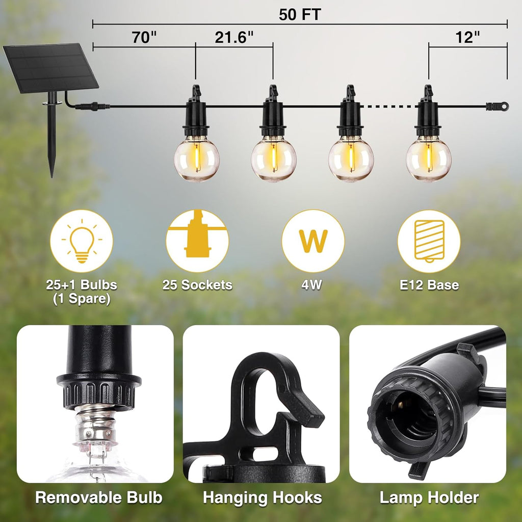 ZJOJO Solar Outdoor String Lights Waterproof, 50FT G40 Globe Patio Lights String Lights Solar Powered with 25 Edison Bulbs 2700K Shatterproof Hanging Lights for Porch Backyard Pergola Bistro