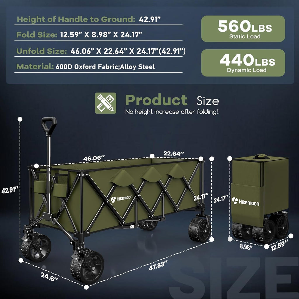 300L Extra Large Wagons Carts Foldable, 560LBS Heavy Duty Collapsible Beach Wagon 48" Long with Big All-Terrain Wheels, Utility Folding Cart for Camping, Grocery, Sports, Garden, Green