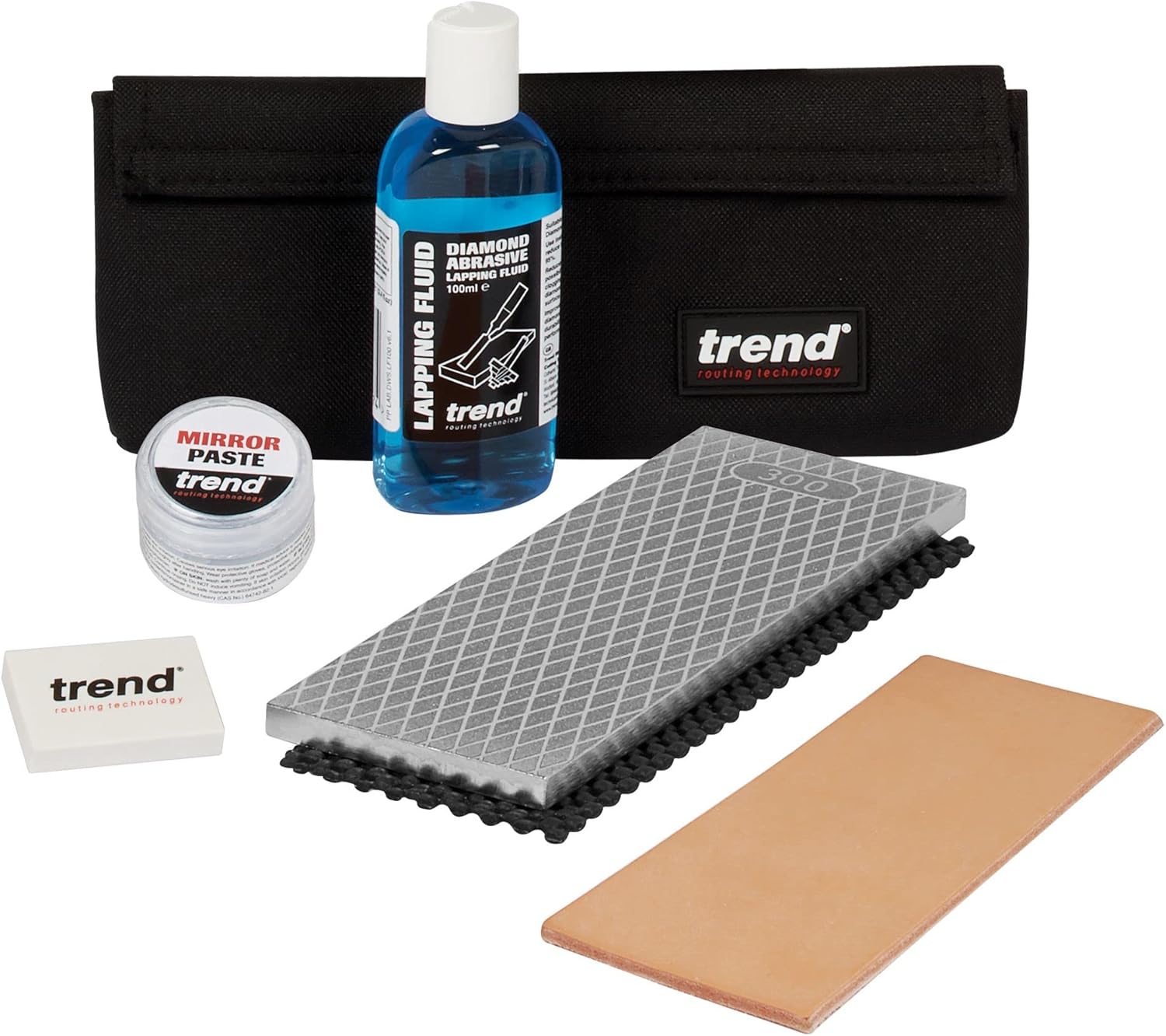 Trend Essential Diamond Sharpening Kit with 300/1000 Grit Bench Stone, Lapping Fluid, Leather Strop, Honing Paste, Cleaning Block & Sharpening Solutions Guide, DWS/KIT/H