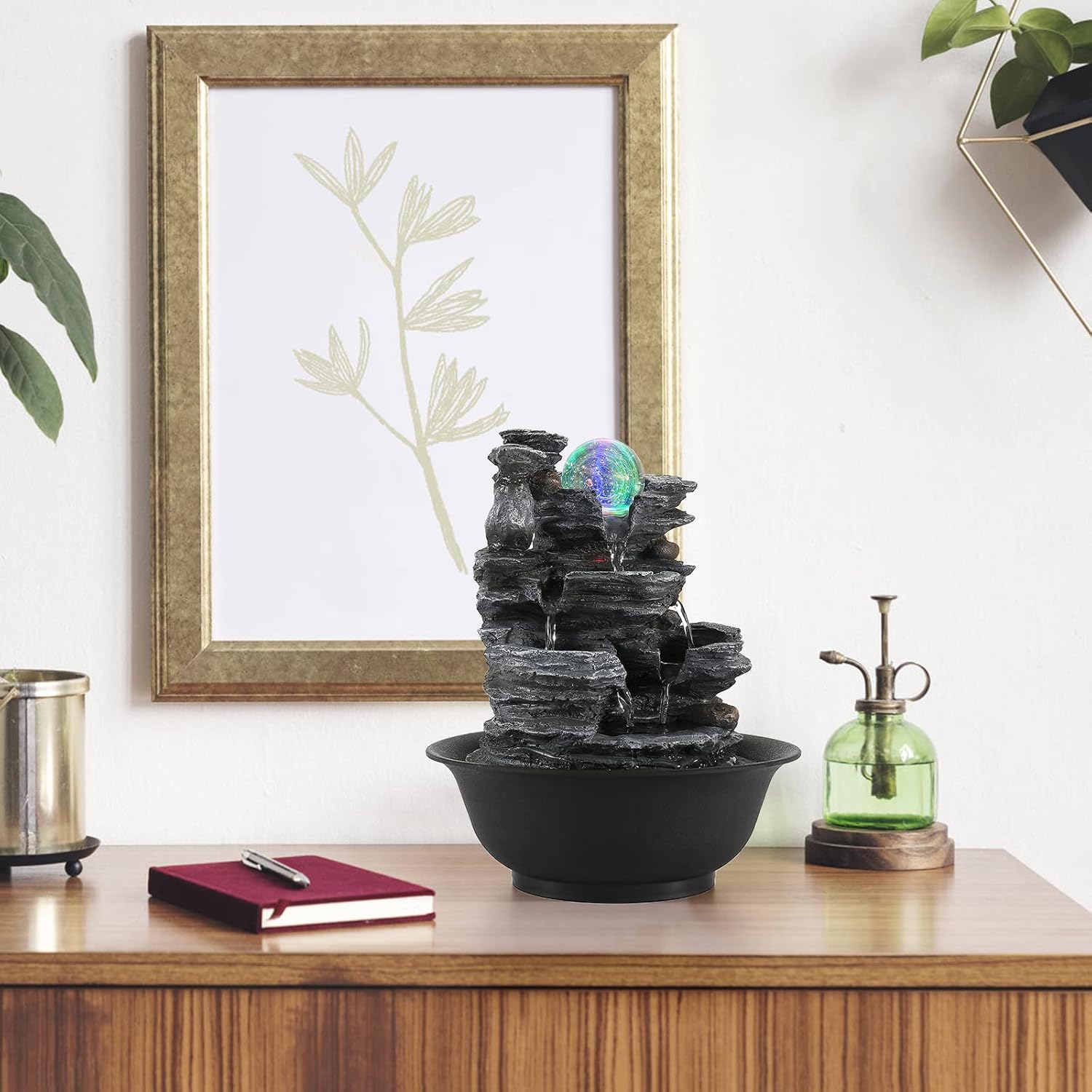 Dyna-Living Tabletop Water Fountain Indoor Waterfalls Fountains with Colored LED Light Decorative Feng Shui Tabletop Fountain with Automatic Pump Best Home Gifts for Friends or Family