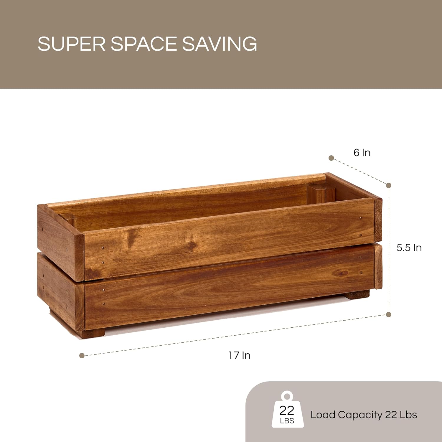 Wooden Planter Box, Storage Box 17”L x6”W x5.5”H with Crate Style, Acacia Wood Flower Container, Rustic Rectangle Planter for Planting, Decor and Storage - 3 Colors (Golden Walnut)