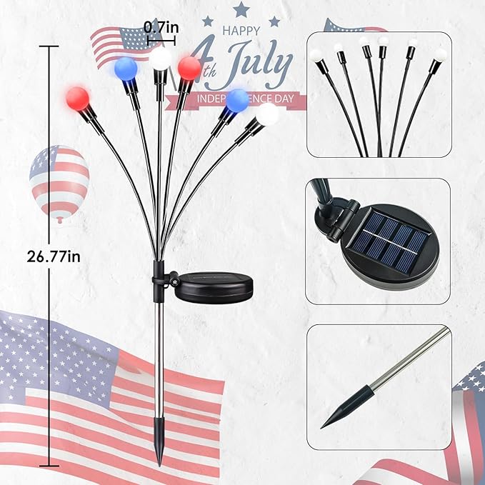 OZS 8pack Solar American Flag Lights - 4th of July Solar Garden LED Outdoor Waterproof Firefly Light for Memory Day, Independence Day, National Day Decoration (Red White Blue)