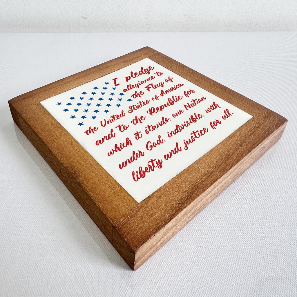 Patriotic Wood Plaque Sign, I Pledge Allegiance to the Flag of United States of America, Box Wood Plaques Desk Décor, American Flag Wooden Sign, 4th of July Decoration, Independence Day Decor A