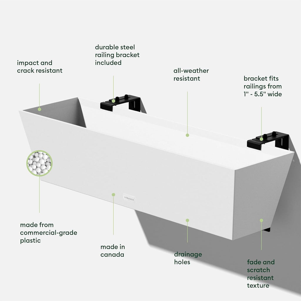 Veradek Pure Series Railing Planter - Plastic Hanging Planter for Outdoor Balcony/Fence | Durable All-Weather Use with Adjustable Brackets | Modern Décor for Flowers, Succulents, Hanging Plants