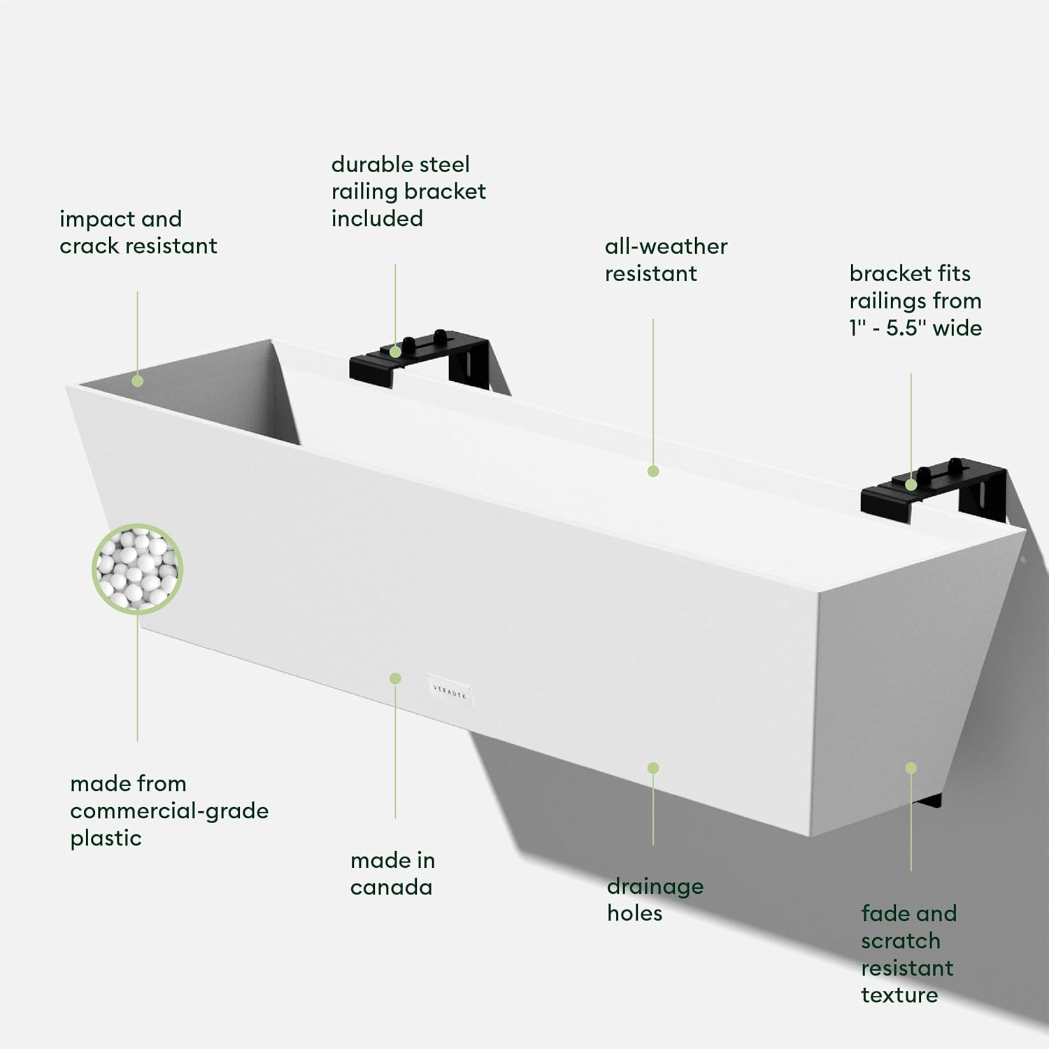 Veradek Pure Series Railing Planter - Plastic Hanging Planter for Outdoor Balcony/Fence | Durable All-Weather Use with Adjustable Brackets | Modern Décor for Flowers, Succulents, Hanging Plants