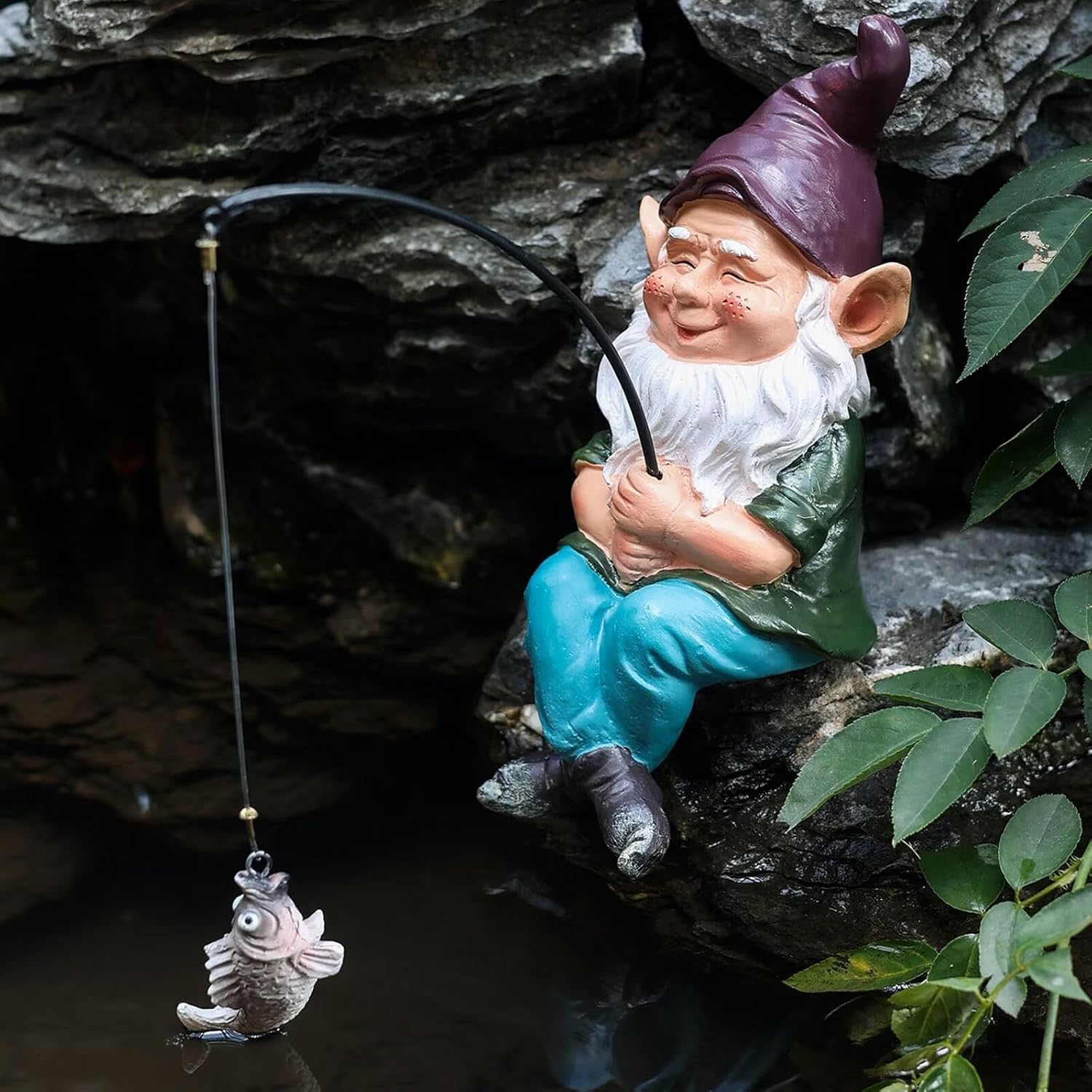 Gnomes Decoration for Yard Outdoor Garden Decor 9.7 Inch Tall Fishing Gnome Statue for Koi Pond, Waterfalls or Poolside Ornaments, Fisher Guy Outdoor Statues, Gift for Mom & Women