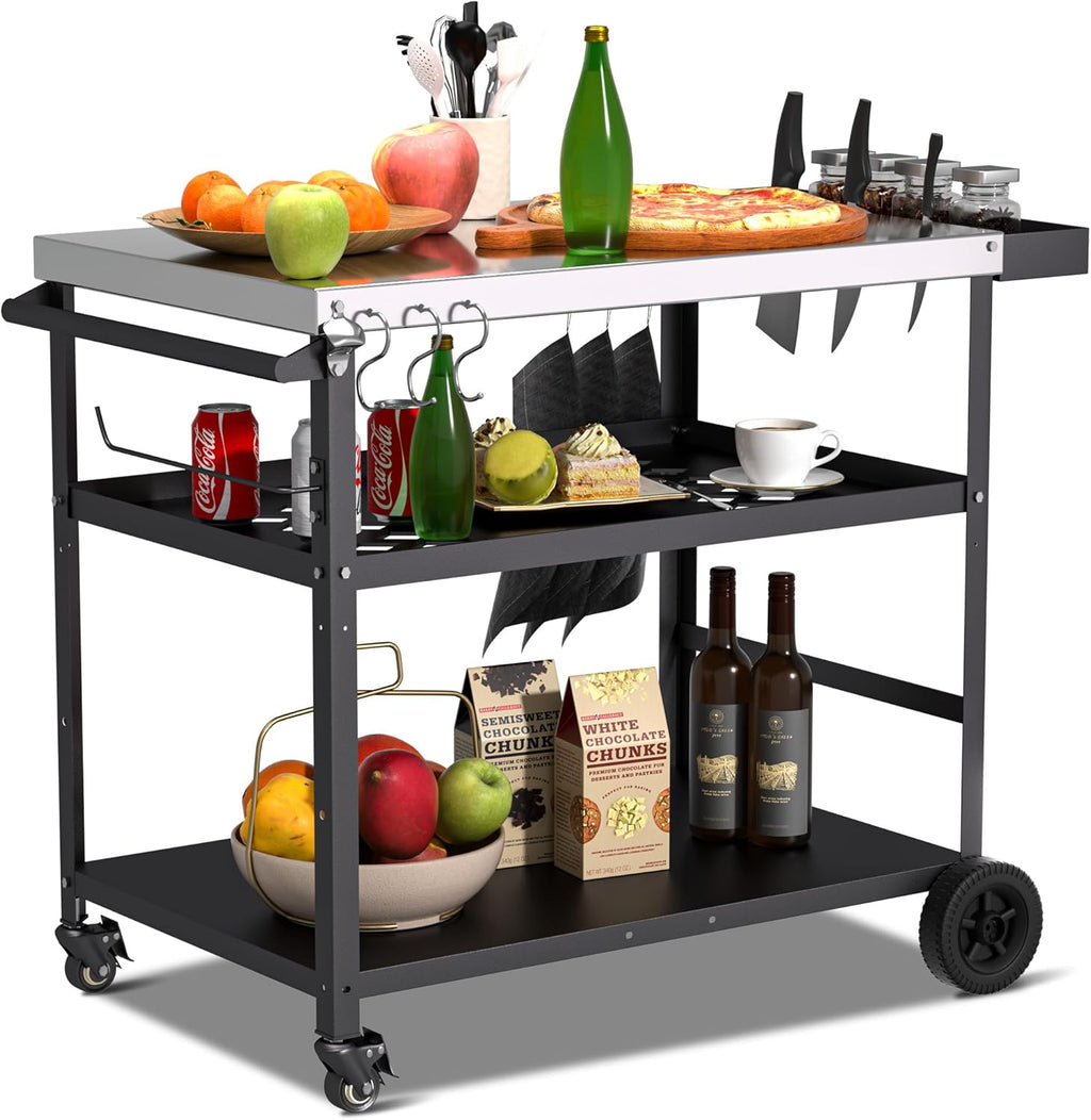 Spurgehom Outdoor Grill Cart, Pizza Oven Stand Table with Wheels Dining Cart for Outside Patio, Movable Kitchen Cooking Prep Table BBQ Cart with Mesh Racks for Home Party, Bar, Camping