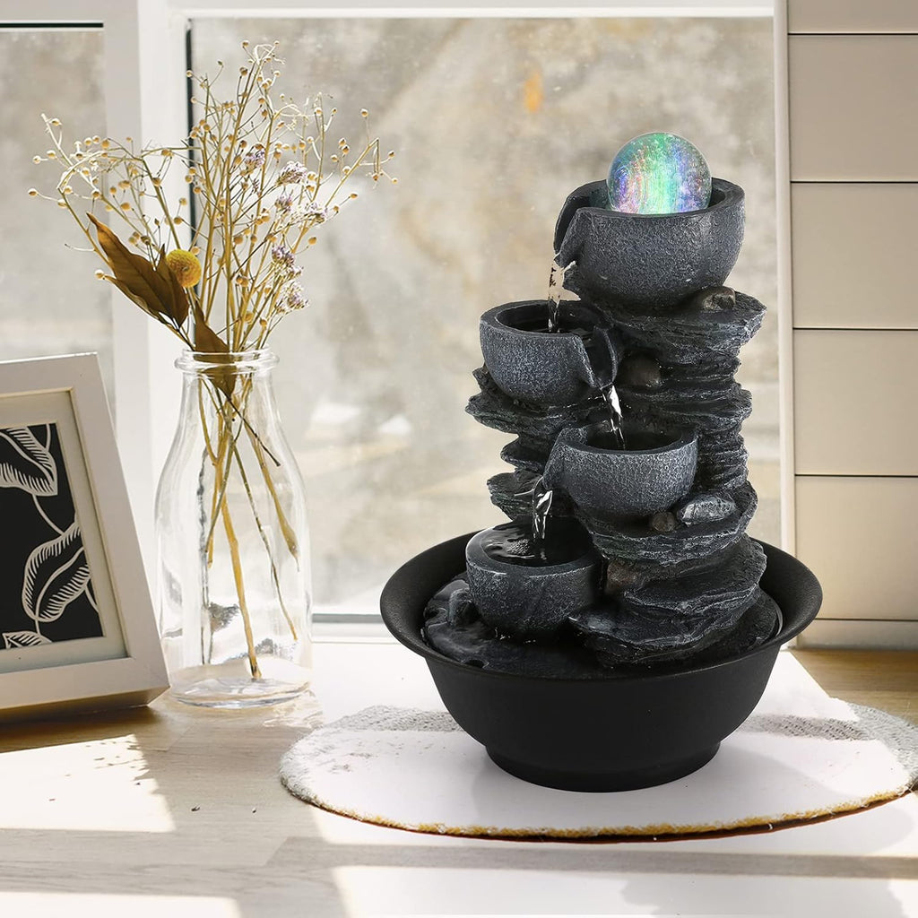 Dyna-Living Tabletop Water Fountain Indoor Waterfalls Fountains with Colored LED Light Decorative Tabletop Fountain with Automatic Pump
