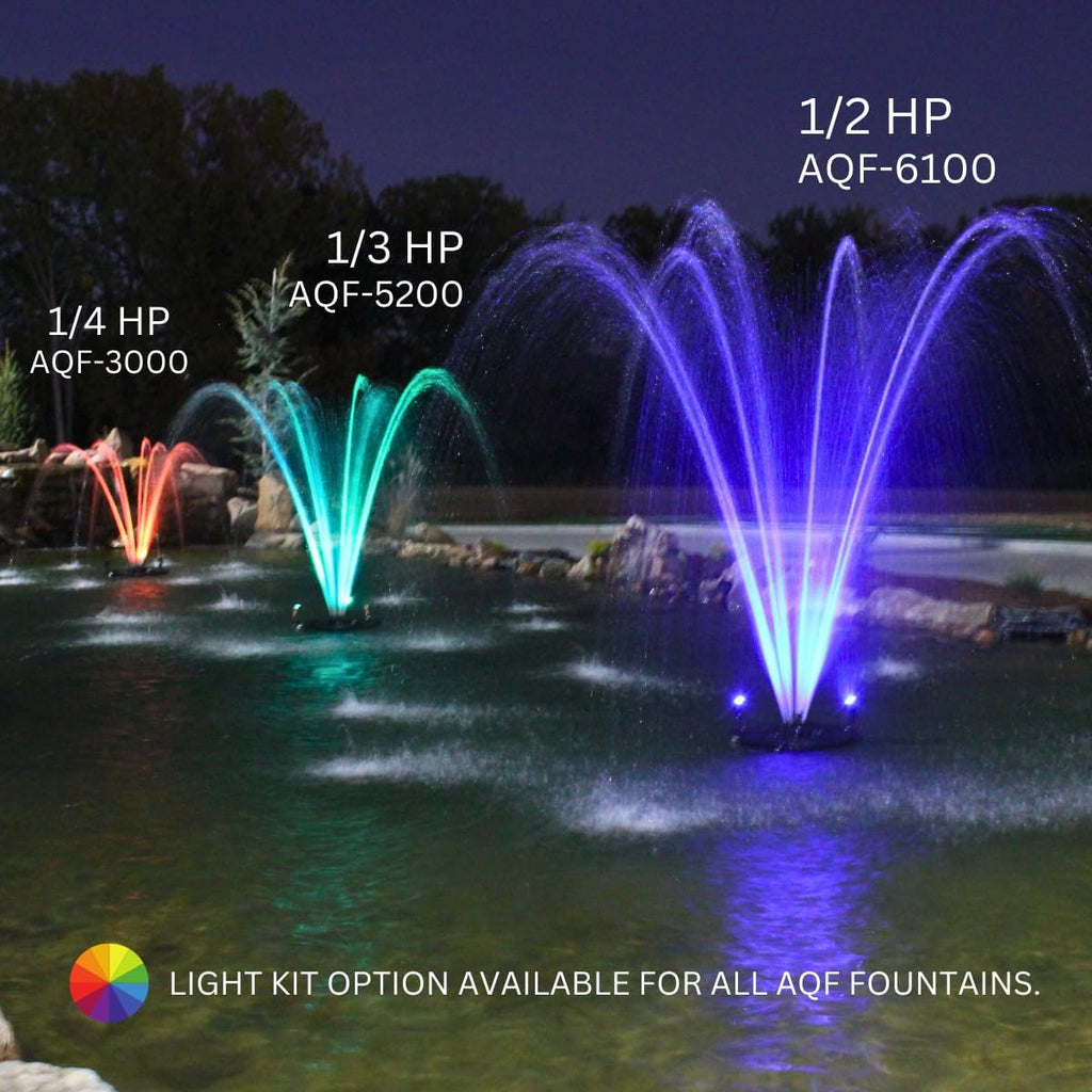 HALF OFF PONDS Floating Fountain – 1/2 HP Pond Aerator, 100' Cord – 6,100 GPH Water Pump – 9 Spray Patterns - Color-Changing LED Lights & Control Box - for Ponds & Water Gardens
