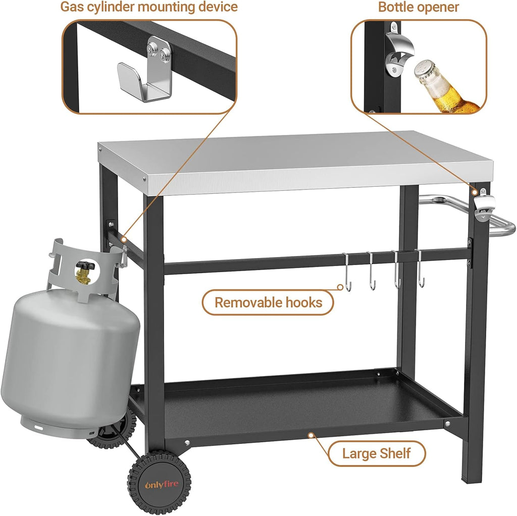 only fire Stainless Steel Movable Dining Cart Table, Pizza Oven Table, Multifunctional Utility Cart with Wheels for Outdoors, Kitchen or Backyard Patio