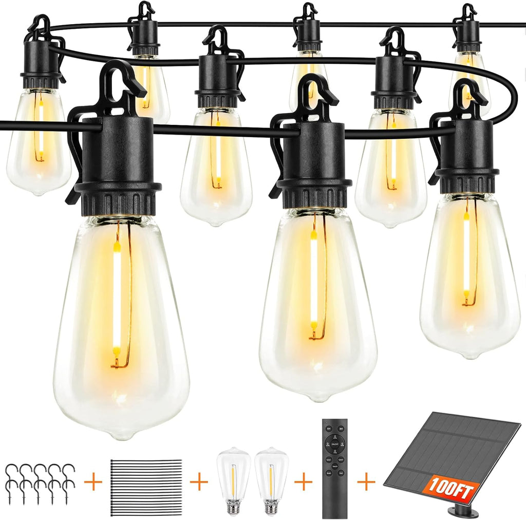 Solar String Lights Outdoor Waterproof 100ft with 52 Shatterproof,Solar Lights Outdoor Remote ST38 Vintage Edison Bulbs,Salor Ourdoor Light Hanging Lights Waterproof for Outside Backyard