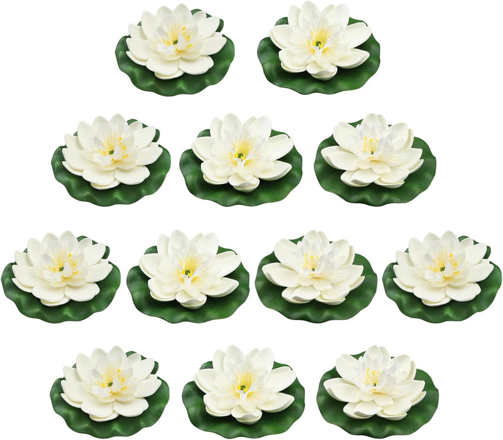 12pcs Floating Foam Lotus Flowers with Lily Pads, Artificial Pond Plants Ornaments for Pool Aquarium Water Decoration, White