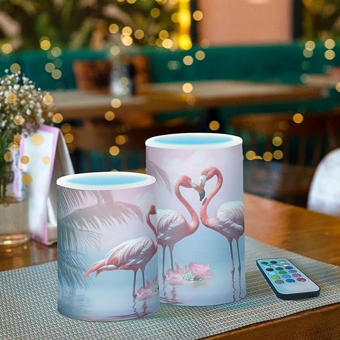 Flamingo Flameless Candles with Remote Control and Timer, Adjustable Brightness Long Lasting Battery Operated LED Pillar Candles for Indoor Outdoor Party Home Decor, 2 Pack