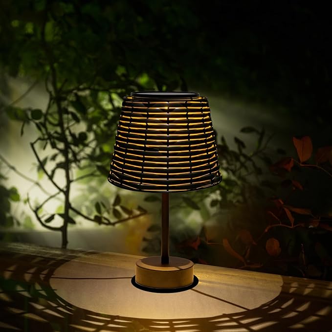 Solar Rattan Woven Desk Lamp, Outdoor Table Lamps for Patio, Garden, Bedroom, Living Room (Black)