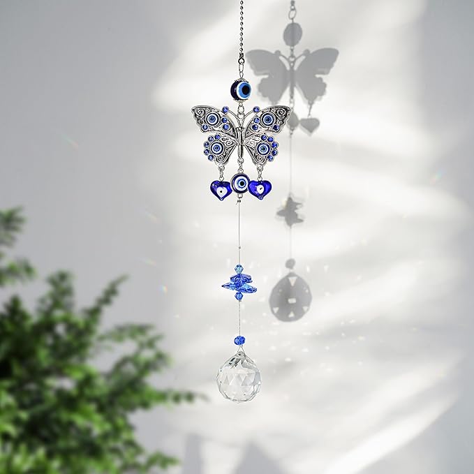 Turkish Blue Evil Eye Butterfly Wall Hanging with Crystal Suncatcher Ornament for Home Decor Protection Good Luck Blessing Housewarming Birthday Gift