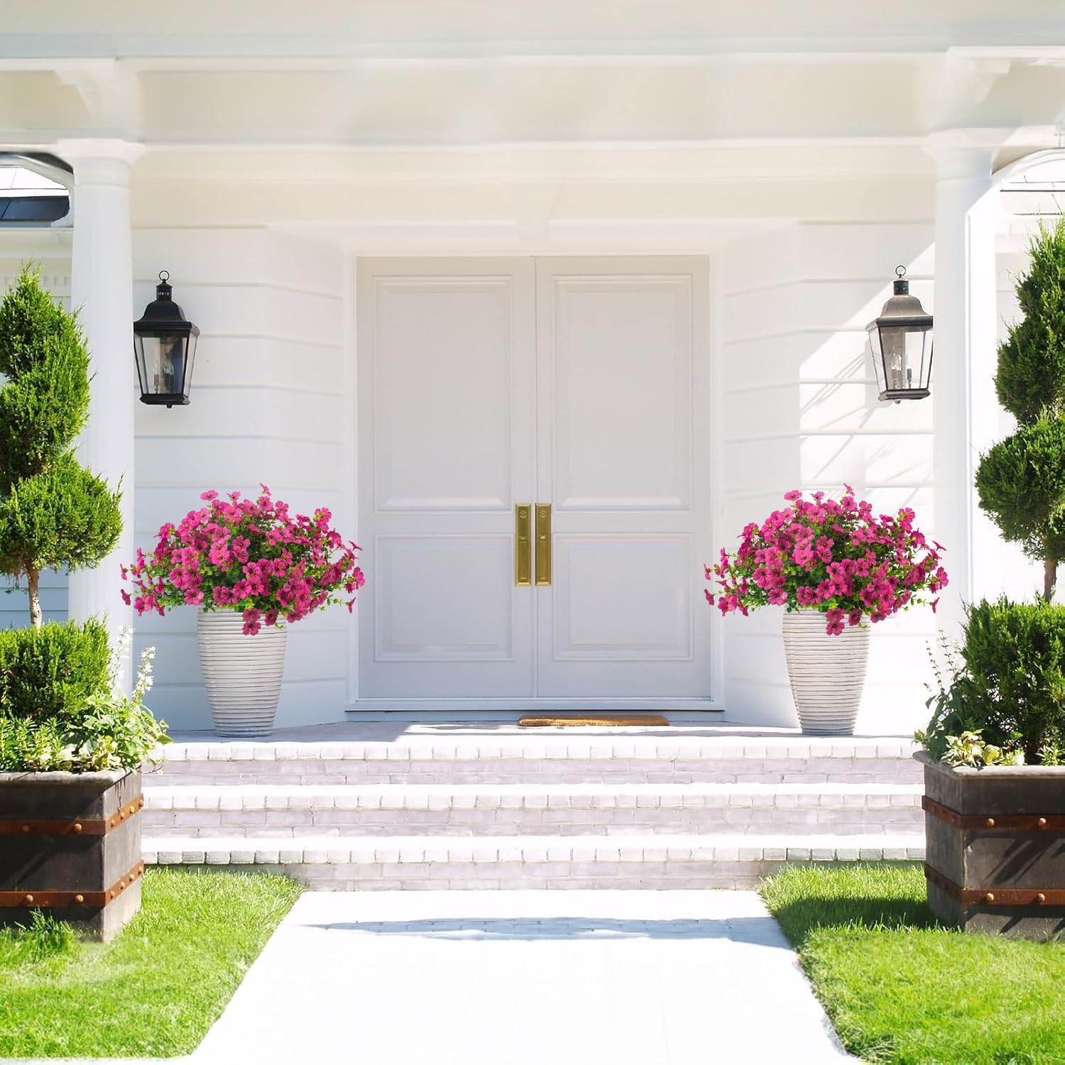 Artificial Fake Flowers for Outdoor Spring Decoration, 16 Bundles Faux Silk Colorful Daisy UV Resistant Realistic for Outside Porch Patio Home Yard Garden Planters Pots Window Box (Red Purple)