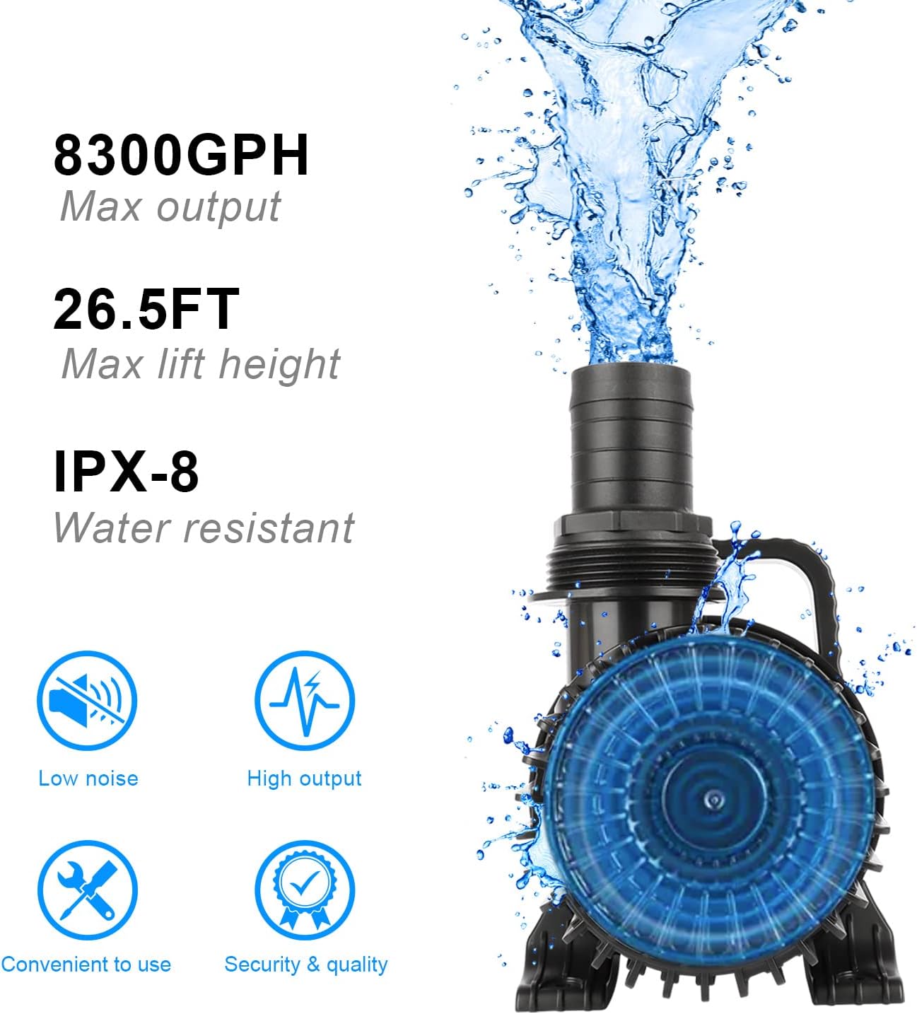 OYO WATER Outdoor Large 8300gph-520W 32.8FT Pond Water-fall & Kio Fish Fountain-s &Garden Pump Submersible IPX8: Long 32.8FT Cord Smart-er & Quieter Duck & Yard &Patio Ponds Pumps, 1 Barrier Pump Bag