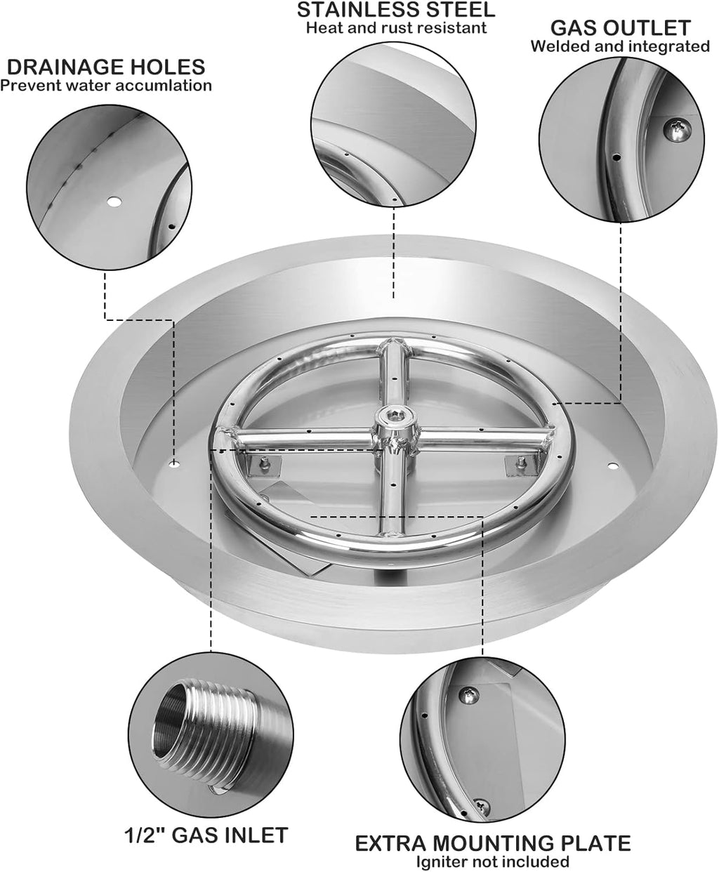 Stanbroil 13-Inch Drop-in Fire Pit Burner Pan, Round Fire Pit Insert for Propane & Natural Gas DIY Fire Table, Stainless Steel Firepit, BTU 88,000 Max