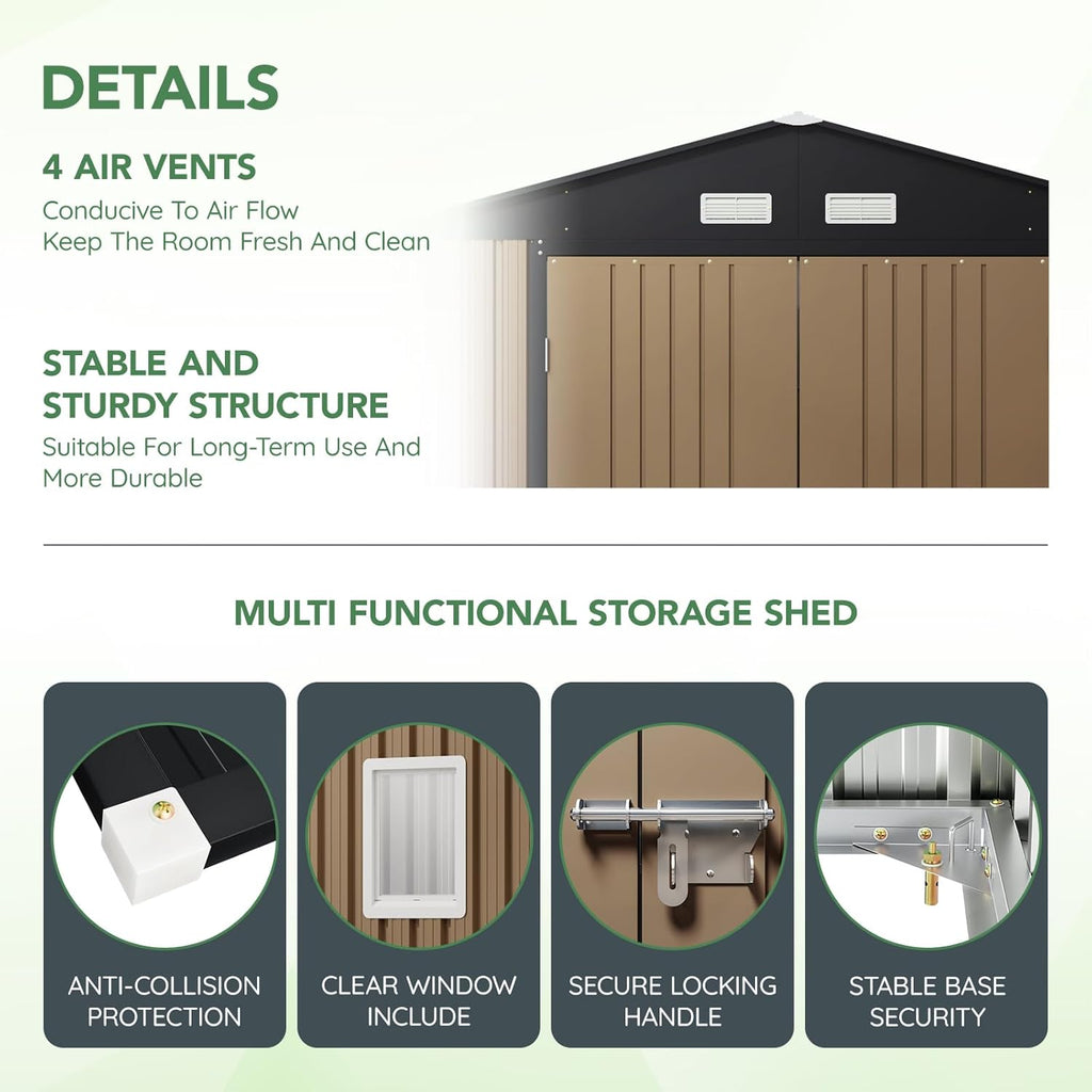 10X12X7.5 FT Outdoor Steel Storage Shed with Lockable Doors, 2 Windows, Transparent Roof Panels (Wood Panels & Frame Floor Not Included), Ideal for Patio Storage,Garbage Can, Chicken Coop，Brown