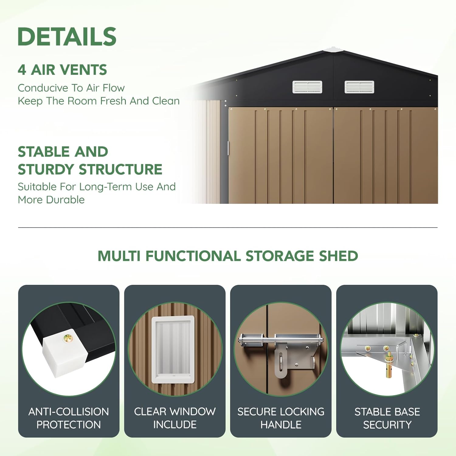 10X12X7.5 FT Outdoor Steel Storage Shed with Lockable Doors, 2 Windows, Transparent Roof Panels (Wood Panels & Frame Floor Not Included), Ideal for Patio Storage,Garbage Can, Chicken Coop，Brown