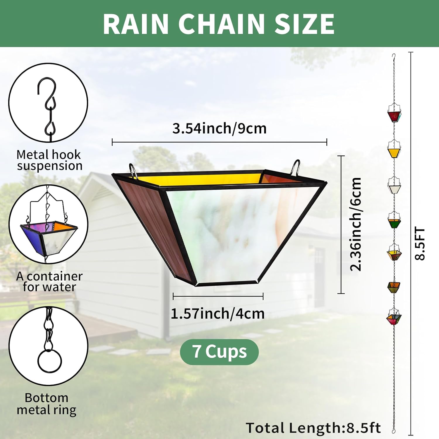 Rain Chain Set 8.5FT,Handmade Pure Copper Inlaid Stained Glass Vintage Style, Rain Chains for Drains to Divert Water & Home Display, Garden Decoration (Mutil col)