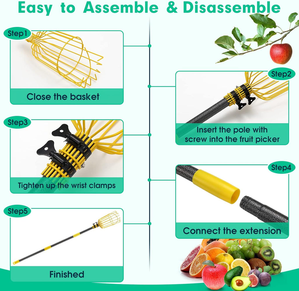 10FT Fruit Picker, Adjustable Mango Picker Tool with Adjustable Pole and Basket, High Fruit Catcher Equipment Apple Picker for Lemon Apples Mango Pear Orange Avocados Fruit Picking Grabber Tool