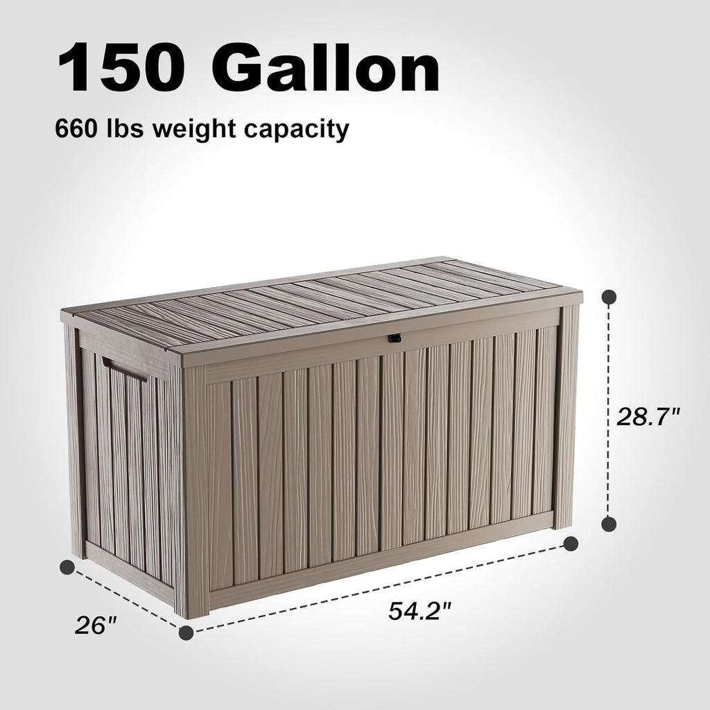 DRATO 150 Gallon Outdoor Storage Box, Large Waterproof Deck Box, Lockable Resin Storage Container with Reinforced Support for Patio Cushions, Garden Tools, UV-Resistant Outdoor Chest