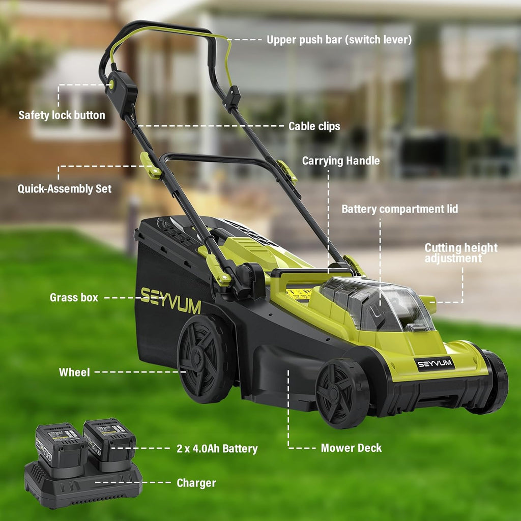 SEYVUM 40V 16-inch Cordless Lawn Mower with 45L Grass Collection Bag, 6 Position Height Adjustment Electric Lawn Mower, 2 x 20V 4.0Ah Battery Powered Push Lawnmower, 2.4A Fast Charger