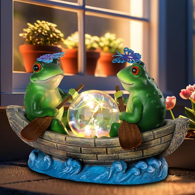 Solar Frog Boating Garden Statue with Ball Light 5.1" Resin Frogs Decor for Home Front Door Patio Porch Balcony Women Gardeners Moms Wives Girlfriends