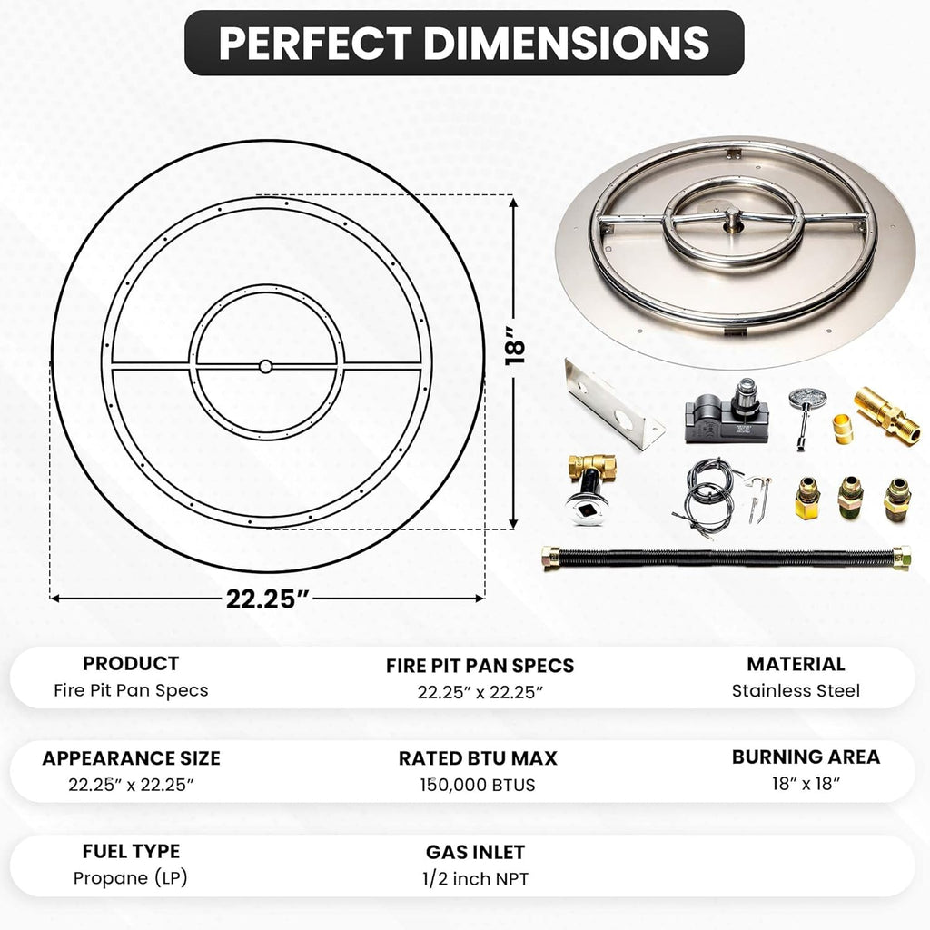 Stainless Steel Fire Pit Burner Pan & Ring Standard Kit with Spark Ignition for Liquid Propane, 22-Inch Pan, 18-Inch Ring, 150,000 BTU Max