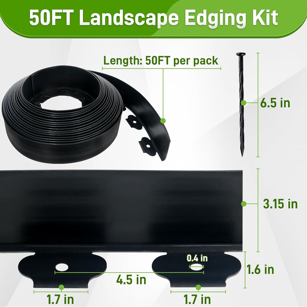 3.15" x 50' No Dig Landscape Edging, Plastic Garden Edging Borders with 45 Anchoring Spikes, Flexible Lawn Edging for Landscaping Garden Flower Beds Grass Yard Paver Pathway, Black