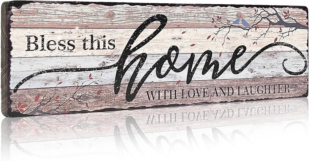 Home Sign Wall Decorations for Living Room Bless - This Home with Love and Laughter - Family Wall Decor Signs for Kitchen Bedroom Dining Room 16x5 Inches