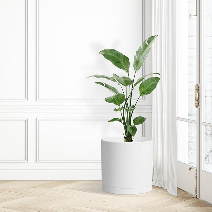 12 Inch Large Deep Flower Pots for Outdoor Indoor Plants, Cylinder Tall Plant Pots with Drainage Holes and Saucer, Big Decorative Plastic Planter Pots for Garden House Plants, White